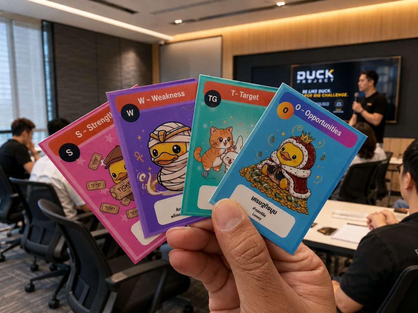 ผู้เข้าร่วมถือการ์ด S W TG O ในห้องประชุม ขณะ Facilitator นำเกม